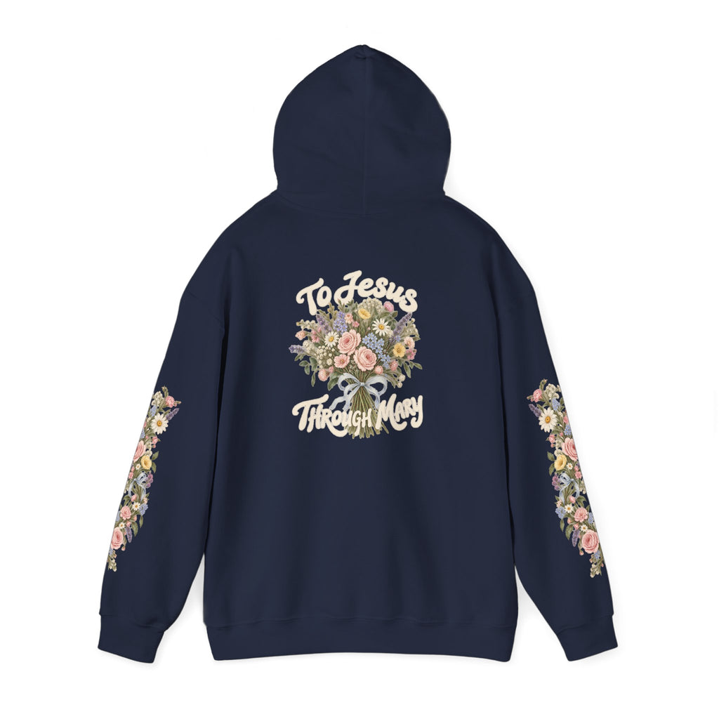 To Jesus Through Mary Floral Hoodie